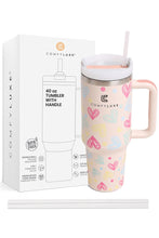 JINS 40 oz HEARTS THEME Tumbler with Handle and straw lid (2 EXTRA STRAW) | Double Wall Reusable Stainless Steel Water Bottle Travel Mug Cupholder Friendly | Gifts for Women Men Her | BPA Free