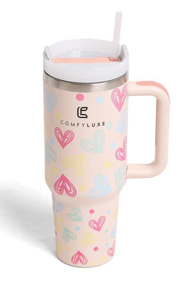 JINS 40 oz HEARTS THEME Tumbler with Handle and straw lid (2 EXTRA STRAW) | Double Wall Reusable Stainless Steel Water Bottle Travel Mug Cupholder Friendly | Gifts for Women Men Her | BPA Free