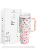 JINS 40 oz TURTLE CORAL Tumbler with Handle and straw lid (2 EXTRA STRAW) | Double Wall Reusable Stainless Steel Water Bottle Travel Mug Cupholder Friendly | Gifts for Women Men Her | BPA Free