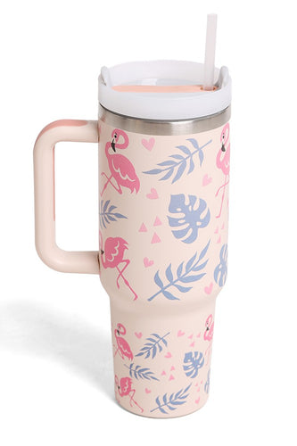 JINS 40 oz FLAMINGOS Tumbler with Handle and straw lid (2 EXTRA STRAW) | Double Wall Reusable Stainless Steel Water Bottle Travel Mug Cupholder Friendly | Gifts for Women Men Her | BPA Free