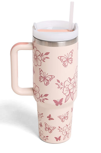 JINS 40 oz BUTTERFLIES FLOWERS Tumbler with Handle and straw lid (2 EXTRA STRAW) | Double Wall Reusable Stainless Steel Water Bottle Travel Mug Cupholder Friendly | Gifts for Women Men Her | BPA Free