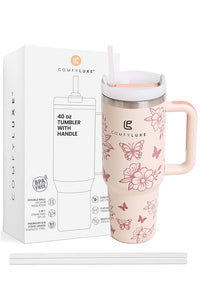 JINS 40 oz BUTTERFLIES FLOWERS Tumbler with Handle and straw lid (2 EXTRA STRAW) | Double Wall Reusable Stainless Steel Water Bottle Travel Mug Cupholder Friendly | Gifts for Women Men Her | BPA Free
