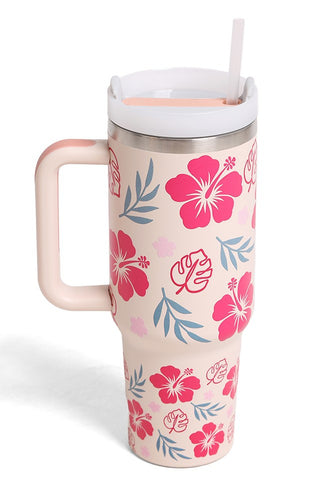 JINS 40 oz FLORAL Tumbler with Handle and straw lid (2 EXTRA STRAW) | Double Wall Reusable Stainless Steel Water Bottle Travel Mug Cupholder Friendly | Gifts for Women Men Her | BPA Free