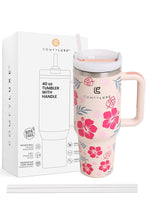 JINS 40 oz FLORAL Tumbler with Handle and straw lid (2 EXTRA STRAW) | Double Wall Reusable Stainless Steel Water Bottle Travel Mug Cupholder Friendly | Gifts for Women Men Her | BPA Free