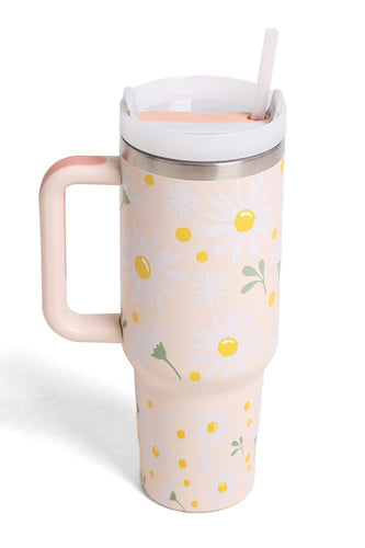 JINS 40 oz WHITE DAISY Tumbler with Handle and straw lid (2 EXTRA STRAW) | Double Wall Reusable Stainless Steel Water Bottle Travel Mug Cupholder Friendly | Gifts for Women Men Her | BPA Free