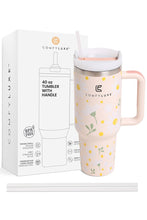 JINS 40 oz WHITE DAISY Tumbler with Handle and straw lid (2 EXTRA STRAW) | Double Wall Reusable Stainless Steel Water Bottle Travel Mug Cupholder Friendly | Gifts for Women Men Her | BPA Free