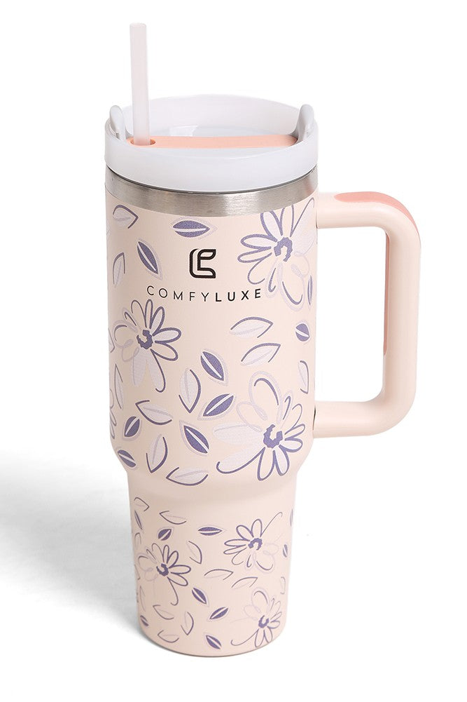 JINS 40 oz DAISY Tumbler with Handle and straw lid (2 EXTRA STRAW) | Double Wall Reusable Stainless Steel Water Bottle Travel Mug Cupholder Friendly | Gifts for Women Men Her | BPA Free