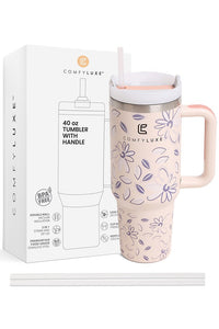 JINS 40 oz DAISY Tumbler with Handle and straw lid (2 EXTRA STRAW) | Double Wall Reusable Stainless Steel Water Bottle Travel Mug Cupholder Friendly | Gifts for Women Men Her | BPA Free