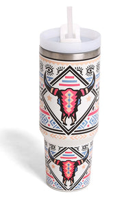 JINS 40 oz BULL BOHO Tumbler with Handle and straw lid (2 EXTRA STRAW) | Double Wall Reusable Stainless Steel Water Bottle Travel Mug Cupholder Friendly | Gifts for Women Men Her | BPA Free