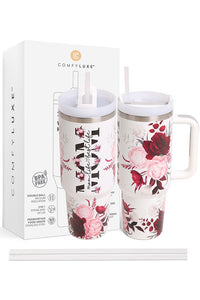 JINS 40 oz ROSE MOM Tumbler with Handle and straw lid (2 EXTRA STRAW) | Double Wall Reusable Stainless Steel Water Bottle Travel Mug Cupholder Friendly | Gifts for Women Men Her | BPA Free