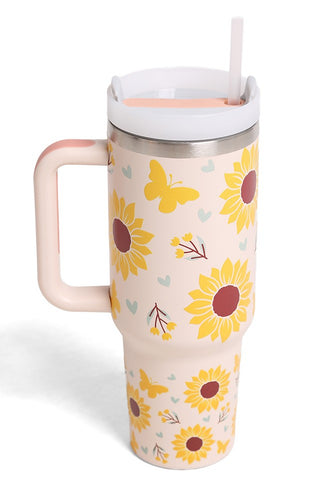 JINS 40 oz SUNFLOWER Tumbler with Handle and straw lid (2 EXTRA STRAW) | Double Wall Reusable Stainless Steel Water Bottle Travel Mug Cupholder Friendly | Gifts for Women Men Her | BPA Free