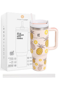 JINS 40 oz PINEAPPLE Tumbler with Handle and straw lid (2 EXTRA STRAW) | Double Wall Reusable Stainless Steel Water Bottle Travel Mug Cupholder Friendly | Gifts for Women Men Her | BPA Free