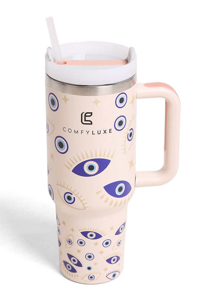 JINS 40 oz EVIL EYES Tumbler with Handle and straw lid (2 EXTRA STRAW) | Double Wall Reusable Stainless Steel Water Bottle Travel Mug Cupholder Friendly | Gifts for Women Men Her | BPA Free