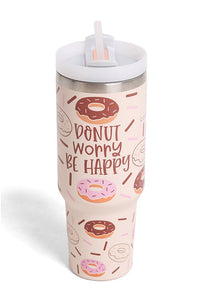 JINS 40 oz Donut Tumbler with Handle and straw lid (2 EXTRA STRAW) | Double Wall Reusable Stainless Steel Water Bottle Travel Mug Cupholder Friendly | Gifts for Women Men Her | BPA Free