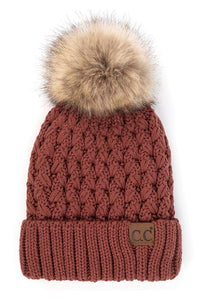 Women's Fuzzy Lined knit Lattice Crossover Stitch Pattern Beanie Hat with Pom