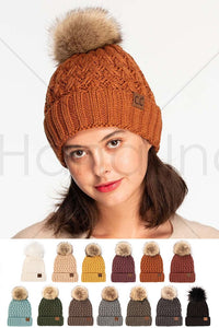 Women's Fuzzy Lined knit Lattice Crossover Stitch Pattern Beanie Hat with Pom