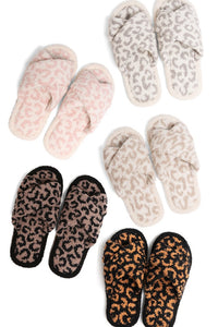 Women's Leopard Fuzzy criss cross Band slippers Soft Plush Lightweight House Slippers Open Toe Cozy Indoor Outdoor Slippers