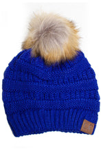 Soft Stretch Cable Knit Ribbed Faux Fur Pom Pom Beanie Hat