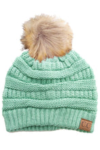 Soft Stretch Cable Knit Ribbed Faux Fur Pom Pom Beanie Hat