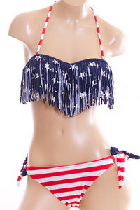 American Flag Theme Tassels Front Bikini Swim Set