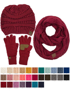 CC 3pc set Warm Chunky Soft Stretch Cable Beanie, Gloves and Scarves